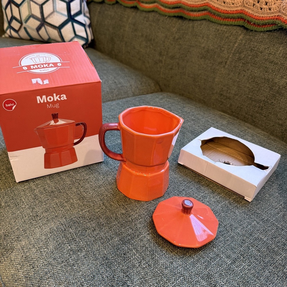 Balvi Moka Mug Red Ceramic Coffee Cup Espresso‎ Maker Shape w/ Lid & Box
